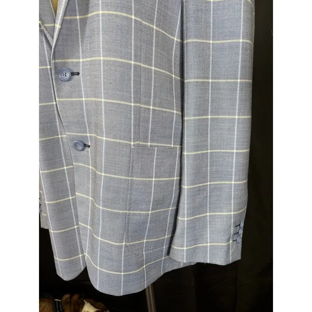 Lorenzo Bruno Italian Design Blazer, Blue Plaid, Sports Coat, Super 150 Lined